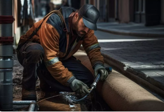 Plumber with tools doing reparation in the kitchen.